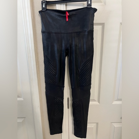 SPANX Black Faux Leather Moto Leggings Size L - Picture 2 of 11